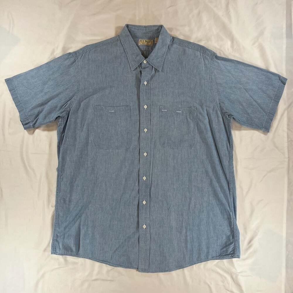 Vintage LL Bean Chambray Shirt Mens XL Tall Blue Short Sleeve Made in USA